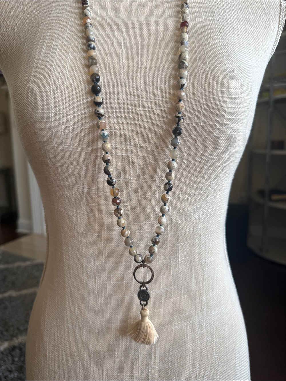Marbled Multi-Color Beaded, Antique Cross Coin, Tassel Necklace in Beige